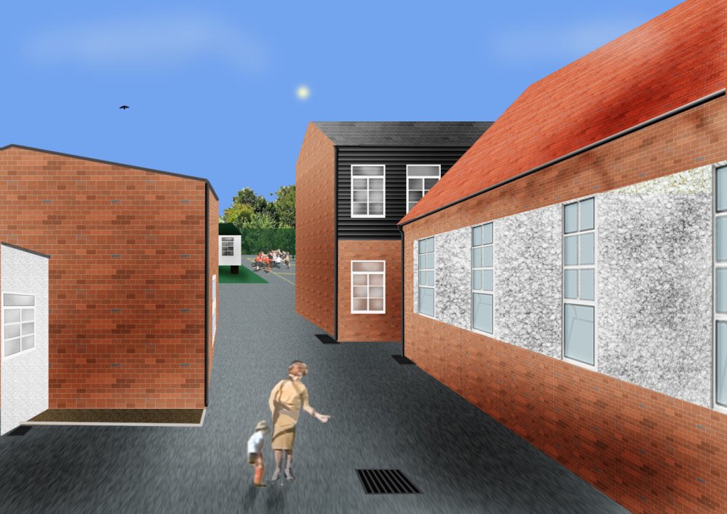 View of School - Late November, looking from X in direction of arrow on main plan