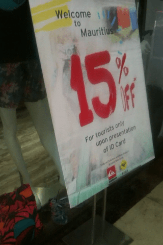 15% off for Tourists Billboard in Mauritian shopping mall
